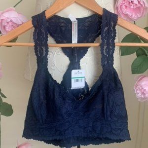 Intimately Free People Black Lace Racerback Brallete Bra Navy Blue